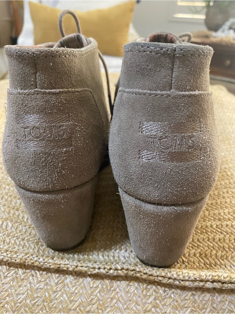 TOMS Taupe Suede Ankle Wedge Booties